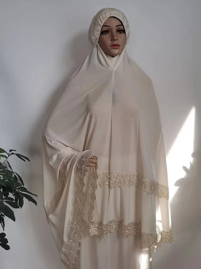 Ramadan  Long Khimar Muslim Abaya Women Prayer Garment Saudi Prayer Dress Lace Trim Silky 2 Piece Skirt Sets Eid Niqab jilbab