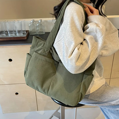 Women's Casual Corduroy Tote Bag Striped Shoulder Bag with Fixed Straps Zipper Large Capacity Handbag for Daily Outings and Shop.