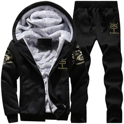 2023 New Winter Thick Men Sports Suit Tracksuit Hooded Sportswear Zipper Cardigan Hooded Woolen Trousers Pants Casual Men Set.