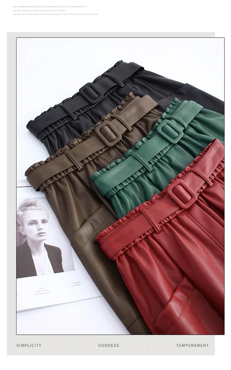 S-5XL New Women Plus Size Leather Skirt Spring Autumn Fashion Stretch Waist A-Line Loose Long Skirt Split Leather Sheepskin.