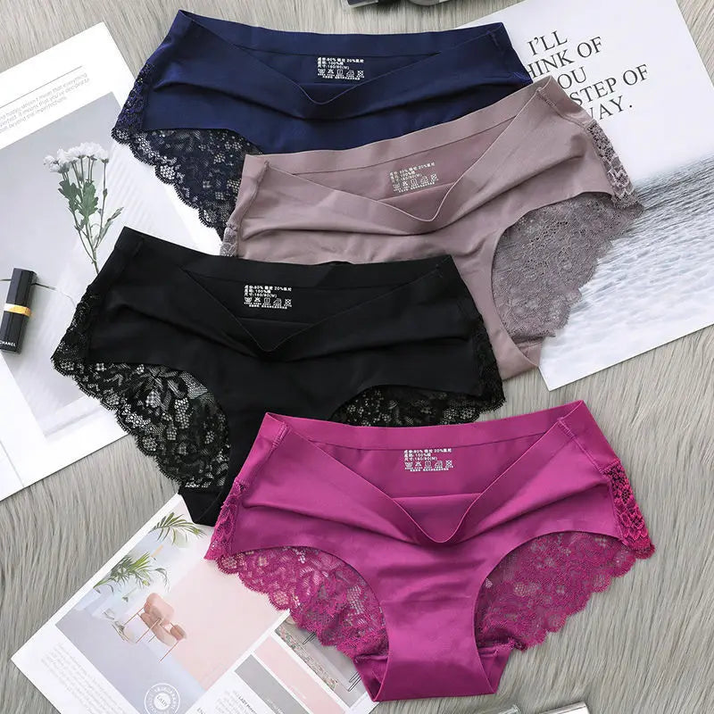 2 Articles Ice Silk Panties Female Mid-waist Non-marking Lace Cotton Crotch Skin-friendly Large Size Breathable Ultra-thin Young.