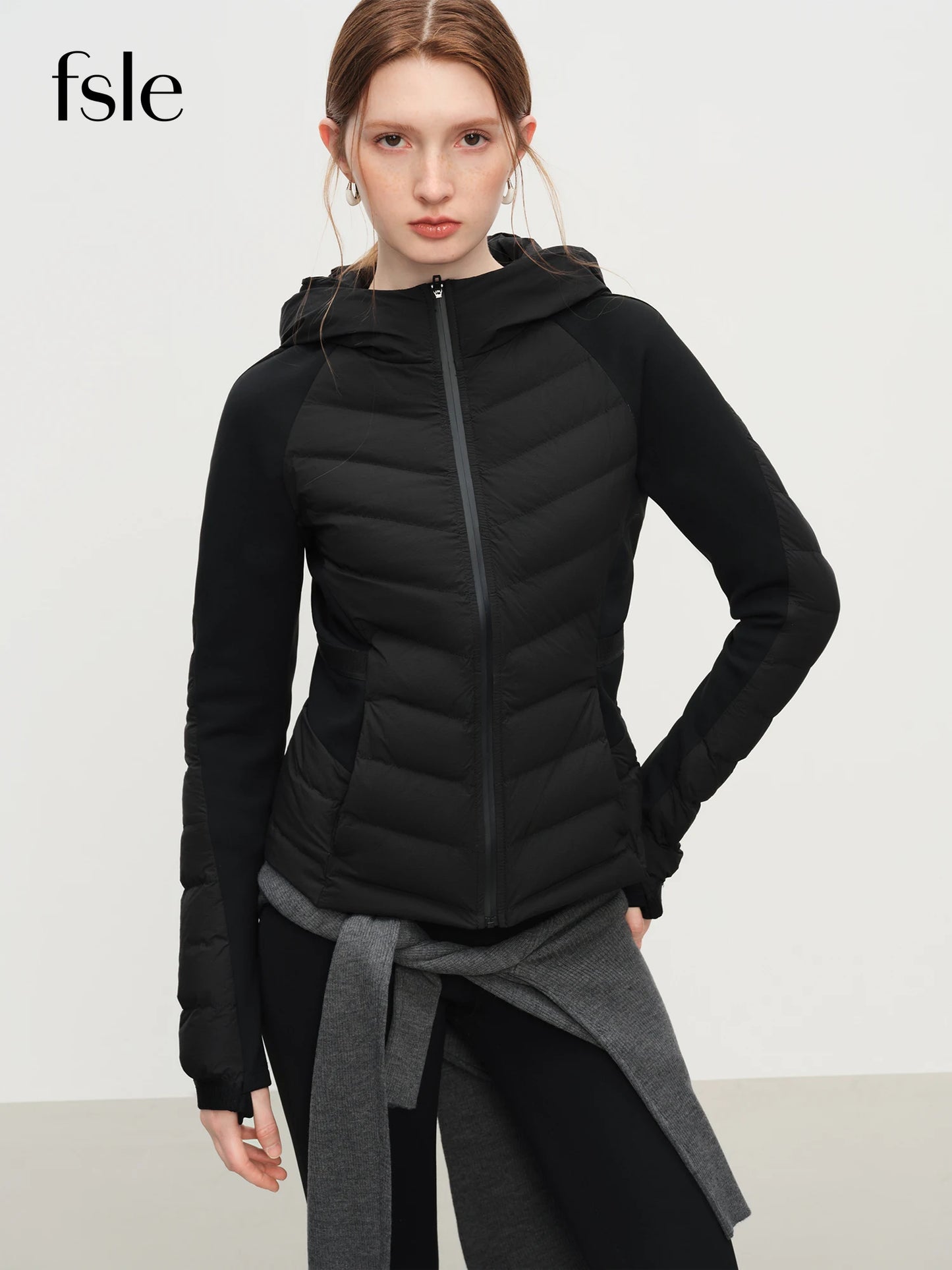 FSLE Patchwork Leichte Stretch-Strick-Kapuzenjacke 2025, Winter, Neuankömmling, schwarze kurze Daunenmäntel.