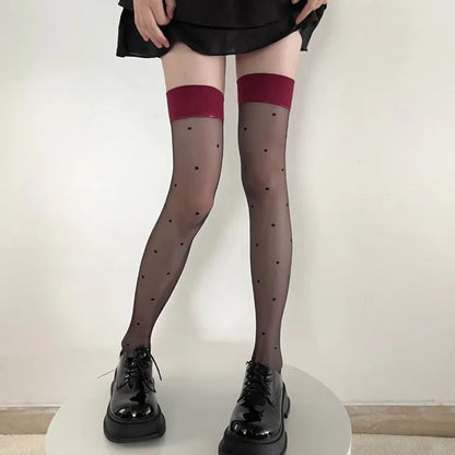 JK Long Socks Polka Dot Red Border Stockings for Women Costumes Summer Fashion Leg Sexy Transparent Black Silky Stocking medias.