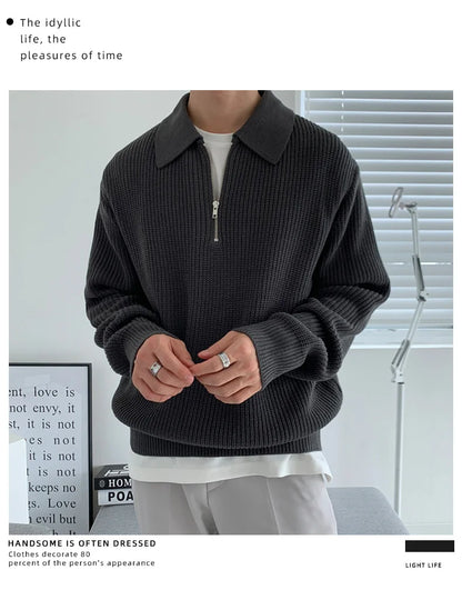 Half Zipper Sweater Men's Autumn and Winter Japanese Retro Korean Lapel Sweater Loose Casual Thread Trend