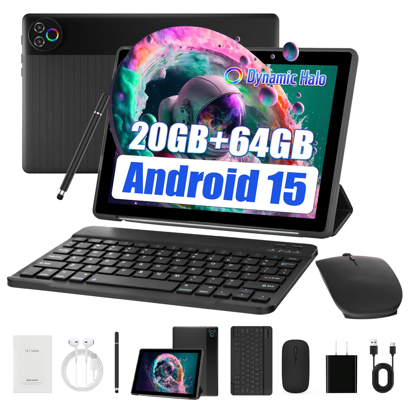 URAO Android 15 Tablet 10.1 Inch 20(3+17)GB RAM 64GB ROM 5-core Dual Camera Tablets PC Set Keyboard/Case/Mouse/Stylus/Headphone.