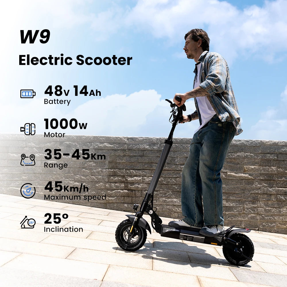 ISCOTER W9 Electric scooter 1000W engine 48V14AH battery foldable E-type scooter 10-inch pneumatic tire adult electric scooter.