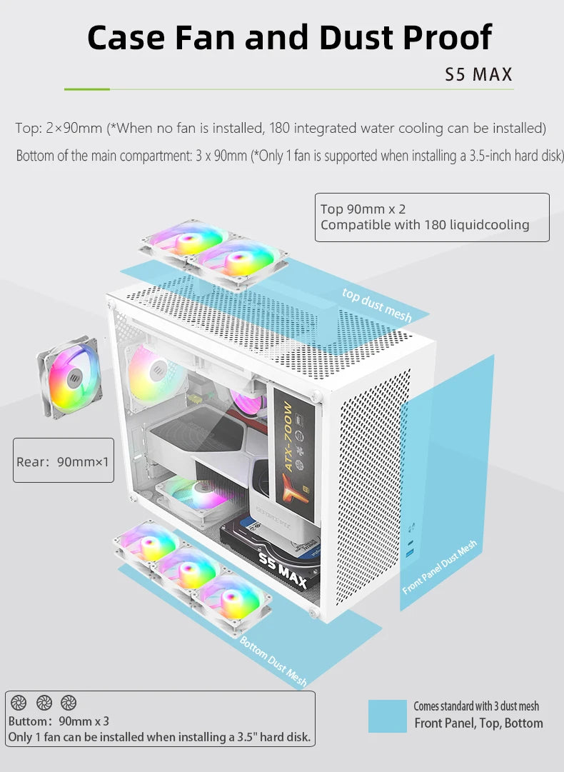 METALFISH S5 MAX Computer Case Gaming PC Chassis Support MATX/ITX 24.5*24.5cm SFX/ATX PSU 135 Mid Tower /180 WaterCooling Cooler.