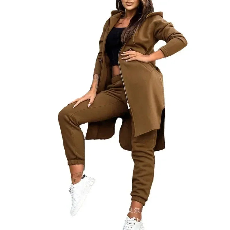 Autumn Winter New Women's Hooded Jacket Trousers Suit Casual Everyday Joker Two-Piece Set.