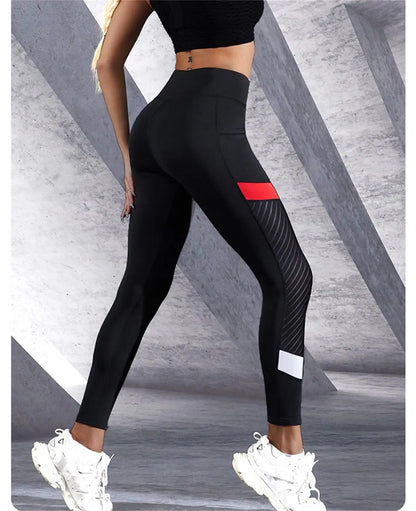 Colorblocked Mesh High Waist Yoga Pants with Side Pockets Leggings for Women Tummy Control Workout Shaping Leggings.