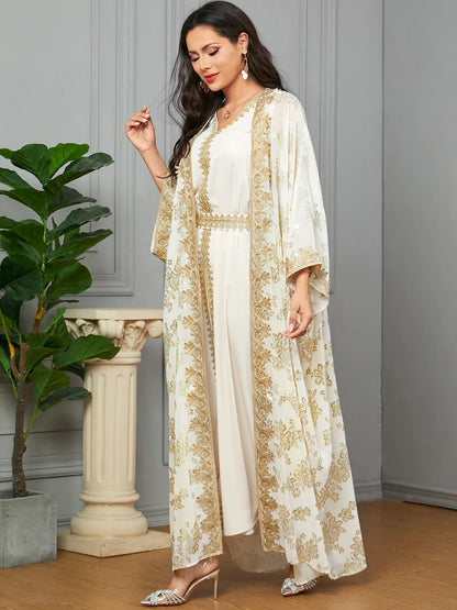 Eid Muslim Party Dress for Women Abaya with Inner Dress 2 Piece Set Jalabiya Ramadan Abayas Robe Caftan Vestidos Largos 2024.