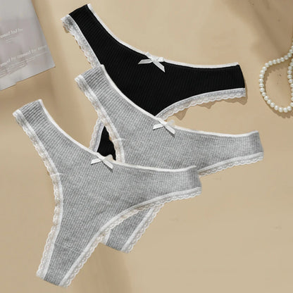 3PCS Sexy Low Waist Panties Women Lace Trim Solid Color Briefs M-XL Breathable Comfortable Lingerie Female Rib Cotton Underwear.
