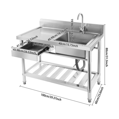Verdicktes Edelstahl-Spülbecken mit Wasserhahn und Schublade, 150 kg Tragkraft 100 x 60 x 80 cm, für Küche, Restaurant, Wäsche, Garage