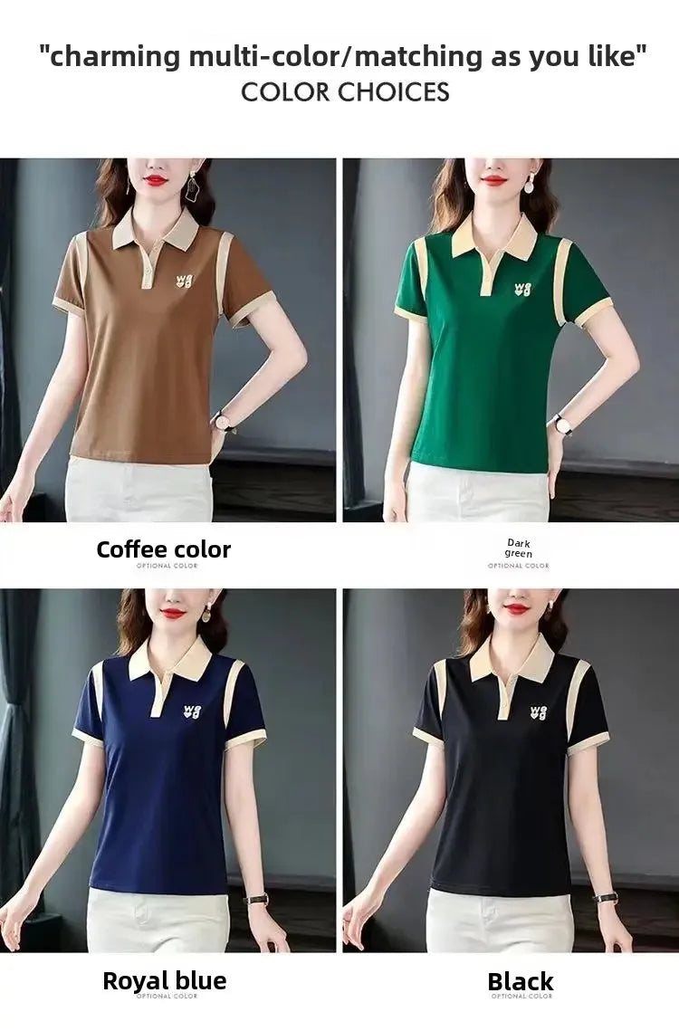 Sporty Short Sleeve Polo Shirt for Women Summer Fashionable Hong Kong Style Top Slim Fit Mixed Fabric Trendy T-Shirt.
