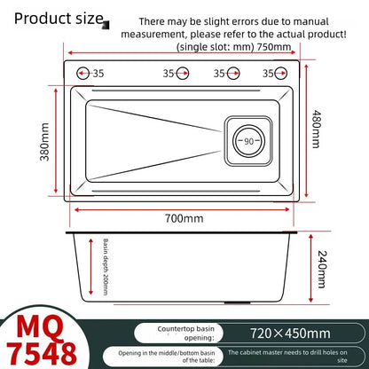 Kitchen Sink 316L Food Grade Stainless Steel Large Single Slot Wash Dish and Wash Vegetable Basin Homeuse Undercounter Bowl
