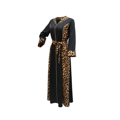 Elegantes arabisches Frauen-Partykleid, afrikanischer V-Ausschnitt, Leopardenmuster, langärmelig, Abaya, modische muslimische Dame, Urlaubskleid, islamische Kleidung