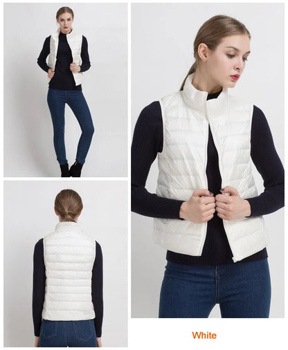 0-10 ℃   Frauen Westen Herbst Winter Ultra Licht Ente Unten Weste Weibliche Dünne Ärmellose Jacke Winddicht Warme Puffer Weste 4XL.
