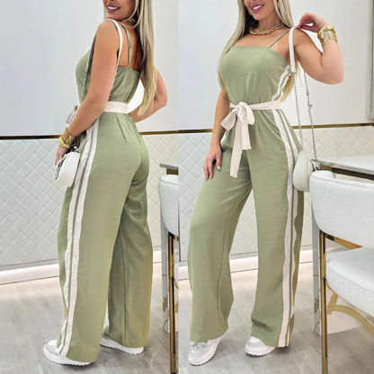 Summer Fashion Striped Camisole Jumpsuit Women Casual Camisole Striped Printed Lace Up Wide Leg Jumpsuit Women.