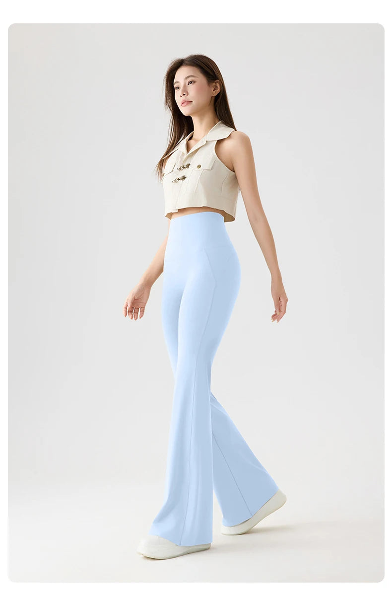 BIVIGAOS Naked Feeling Back Waist Pocket Sharkskin Micro Flared Leggings Women's Tight Sexy Sports Fitness Yoga Casual Pants.