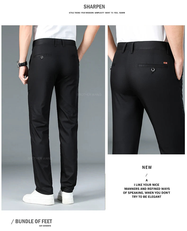 Bamboo Fiber Fabric Men's Casual Pants Summer New Ultra-thin Elastic Soft Straight Business Trousers Classic Black Khaki Gray