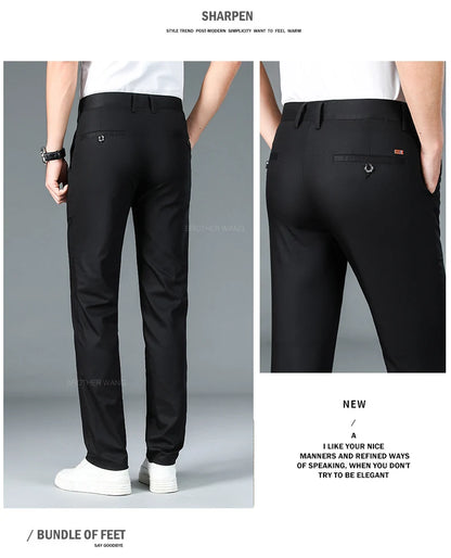 Bamboo Fiber Fabric Men's Casual Pants Summer New Ultra-thin Elastic Soft Straight Business Trousers Classic Black Khaki Gray