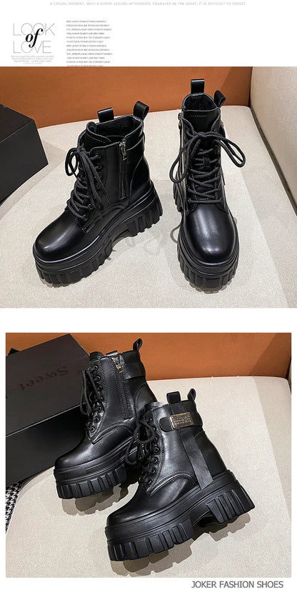 Women's High Platform Motorcycles Boots Winter 10CM Wedge Heels Warm Ankle Boots Chunky Sneakers New Autumn Leather Shoes Woman.