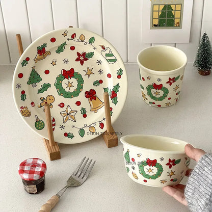 Cute Ceramic Plates Christmas Party Desserts Cake Plates Children's Breakfast Milk Cups Household Kitchen Ceramic Noodle Bowls.