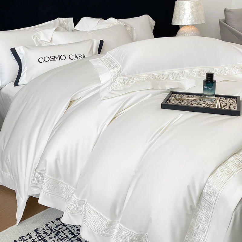 100% Egyptian Cotton White Luxury Embroidery Hotel Style Bedding Set Duvet Cover Set Flat/Fitted Bed Sheet Pillowcases 4Pcs.