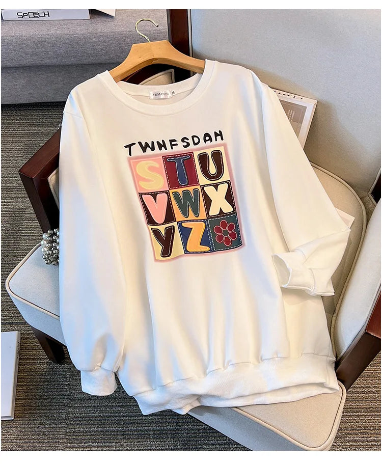 175 kg Plus Größe Damen Büste 170 Frühling Herbst lose Langarm Druck Brief Pullover Sweatshirts 4XL 5XL 6XL 7XL 8XL 9XL.