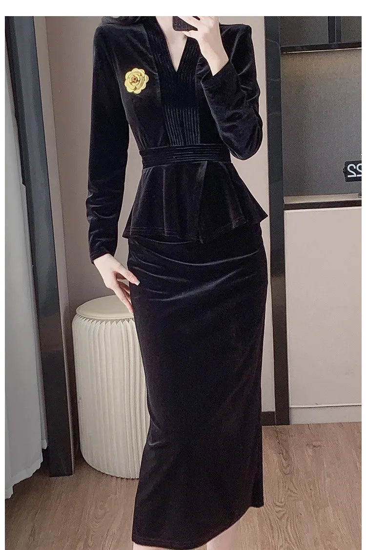 VigoAnne 2025 Solid V Neck Velvet 2 Piece Set Woman Long Sleeve High Waist Skirt Suits Lady Spring Autumn Korean Long Dress Suit.
