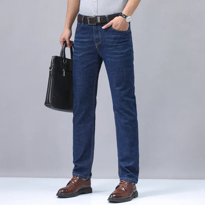 2024 New Brand Men's Fit Straight Lightweight Cotton Stretch Denim Pants Casual Male High Waist Thin Light Blue Business Jeans