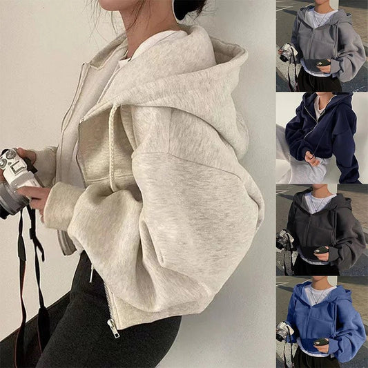 2024 Frühling Herbst Neues, mit Fleece gefüttertes, vielseitiges, abgeschnittenes Slims glättet Silhouette mit Reißverschluss, warmes, marineblaues Kapuzen-Sweatshirt für Damen.