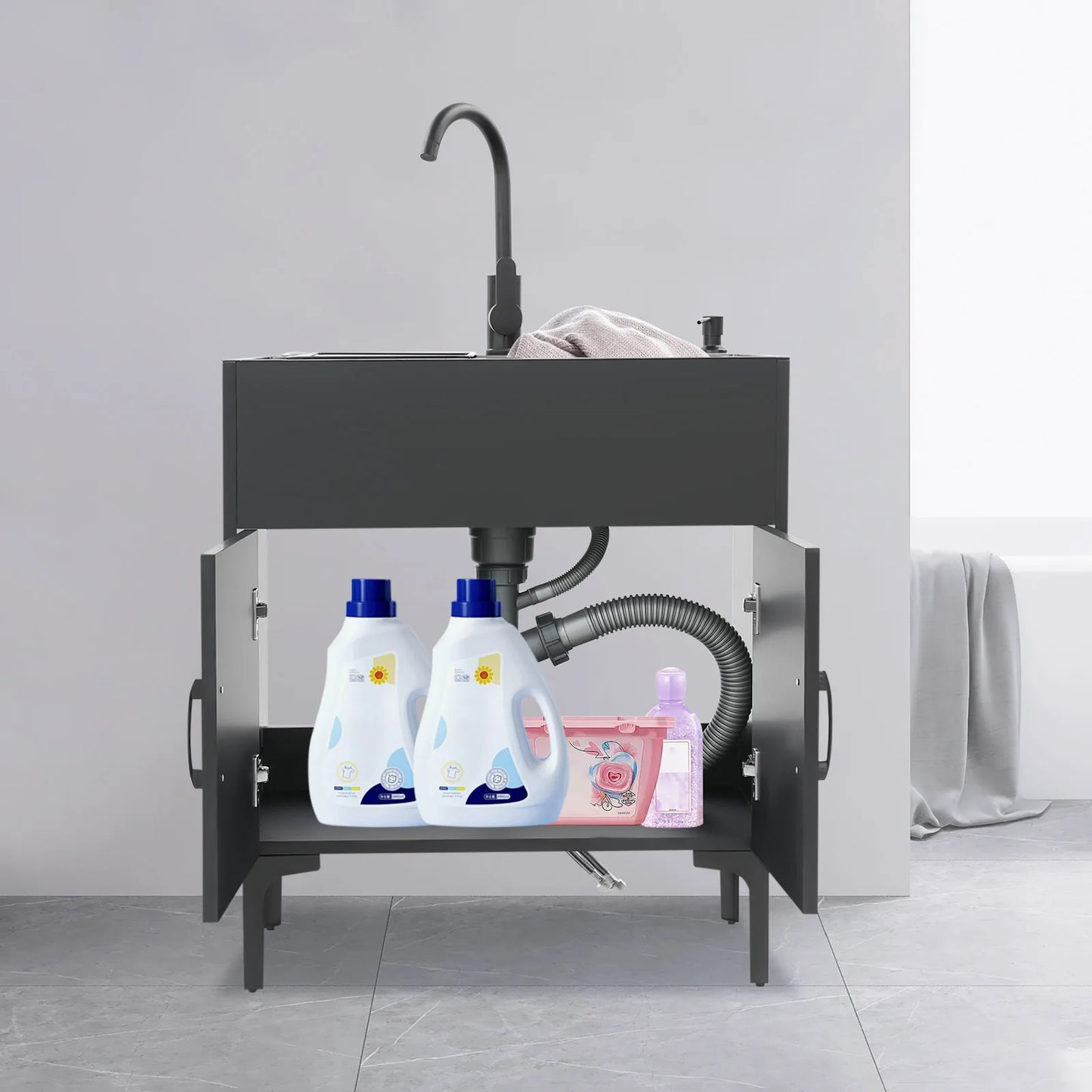 Schwarz/weißes unabhängiges Waschbecken mit Schrank, Küchenspüle aus Edelstahl mit 360° °   Drehbarer Wasserhahn für Badezimmer, Waschbecken