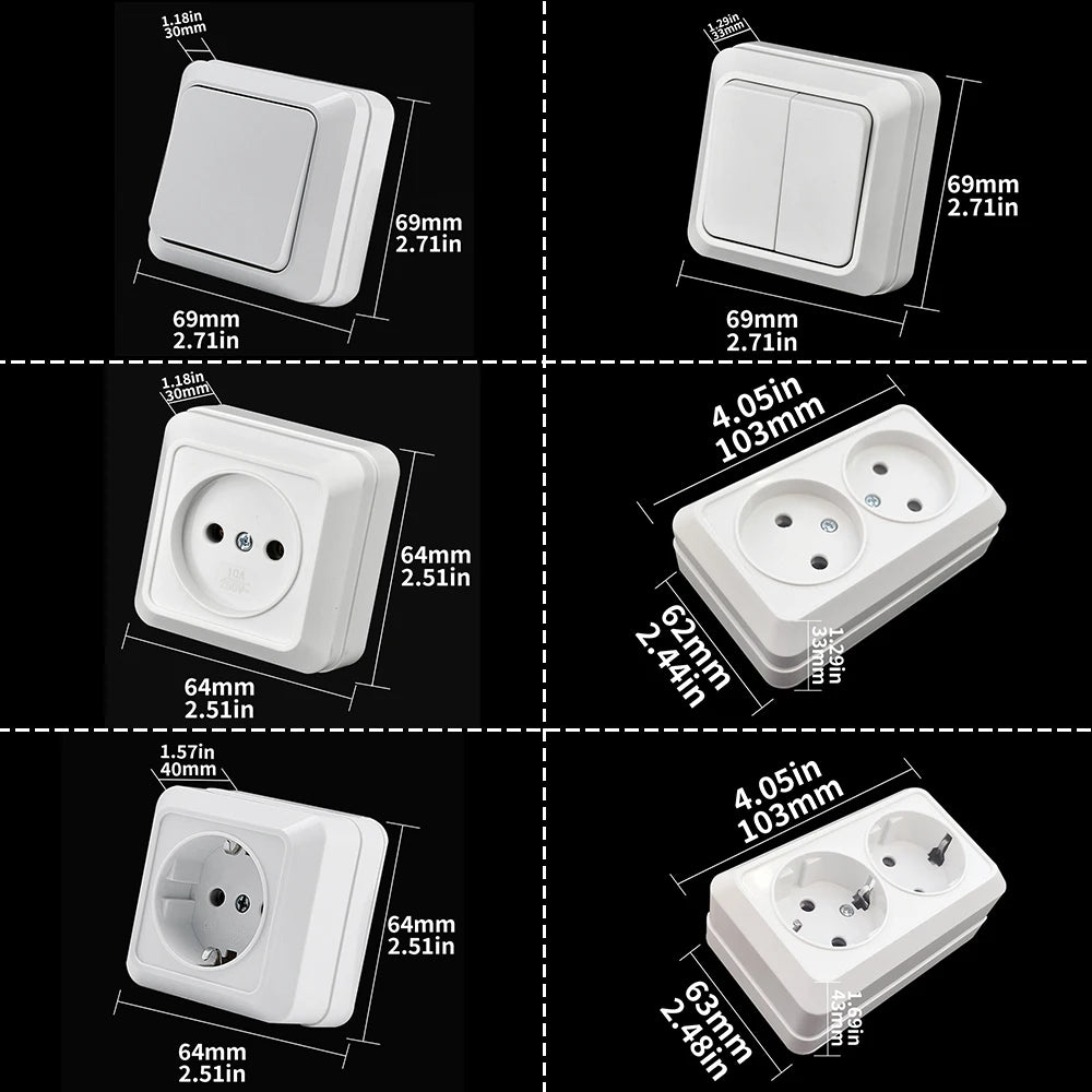 WESA Weiße Wandoberfläche, 2-Steckdosen, EU-Außensteckdosen mit Erdungssteckdose, flammhemmende Farbe aus Kunststoff.