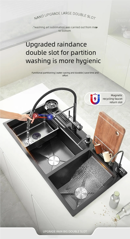 Waterfall Kitchen Sink Stainless Steel Large Double Slot With Chopping Board Rack Knife Holder Multifunctional Dishwash Basin