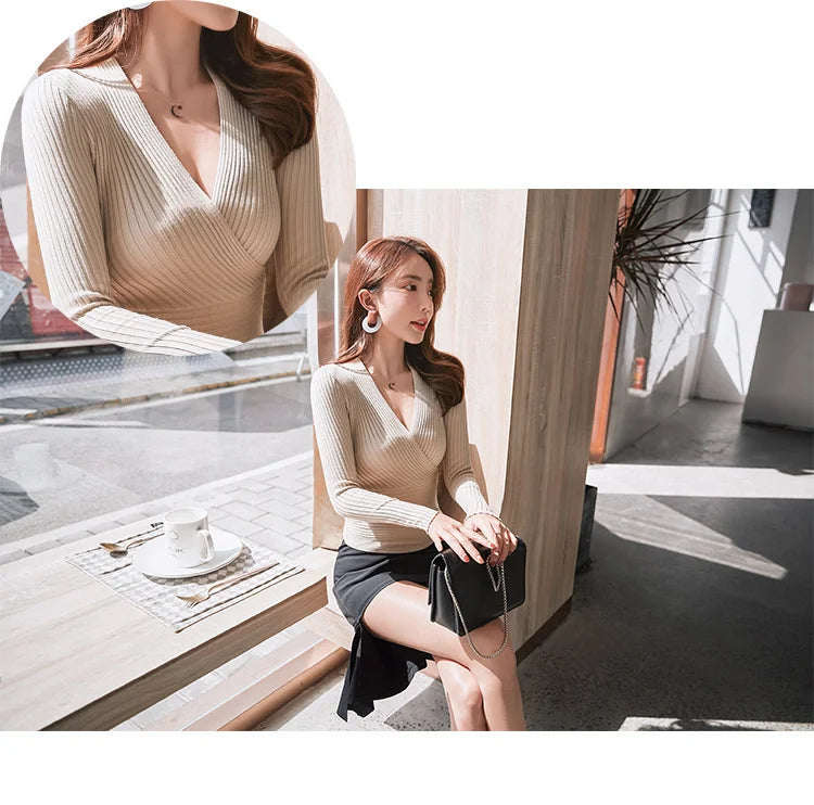 Kurze Grundlegende Pullover Frauen 2023 Sexy Tiefem V-ausschnitt Pullover frauen Pullover Schlank Bodenbildung Pullover Weibliche Elastische Baumwolle Tops.