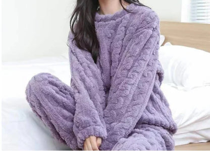 Herbst Winter Lose Süße Casual Pyjamas frauen Set Dicke Fleece Wolle Langarm Top Hause Elastische Taille Lange Hosen Hosen.