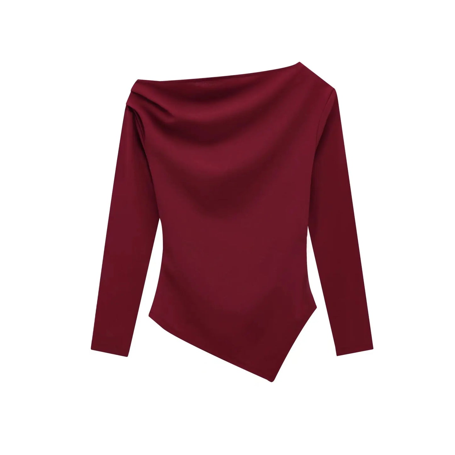 HH Spring Woman Fashion Pleated Decoration Casual Slim Elasticity Top Women Solid 5-Color Asymmetrical Slant Collar Tops.