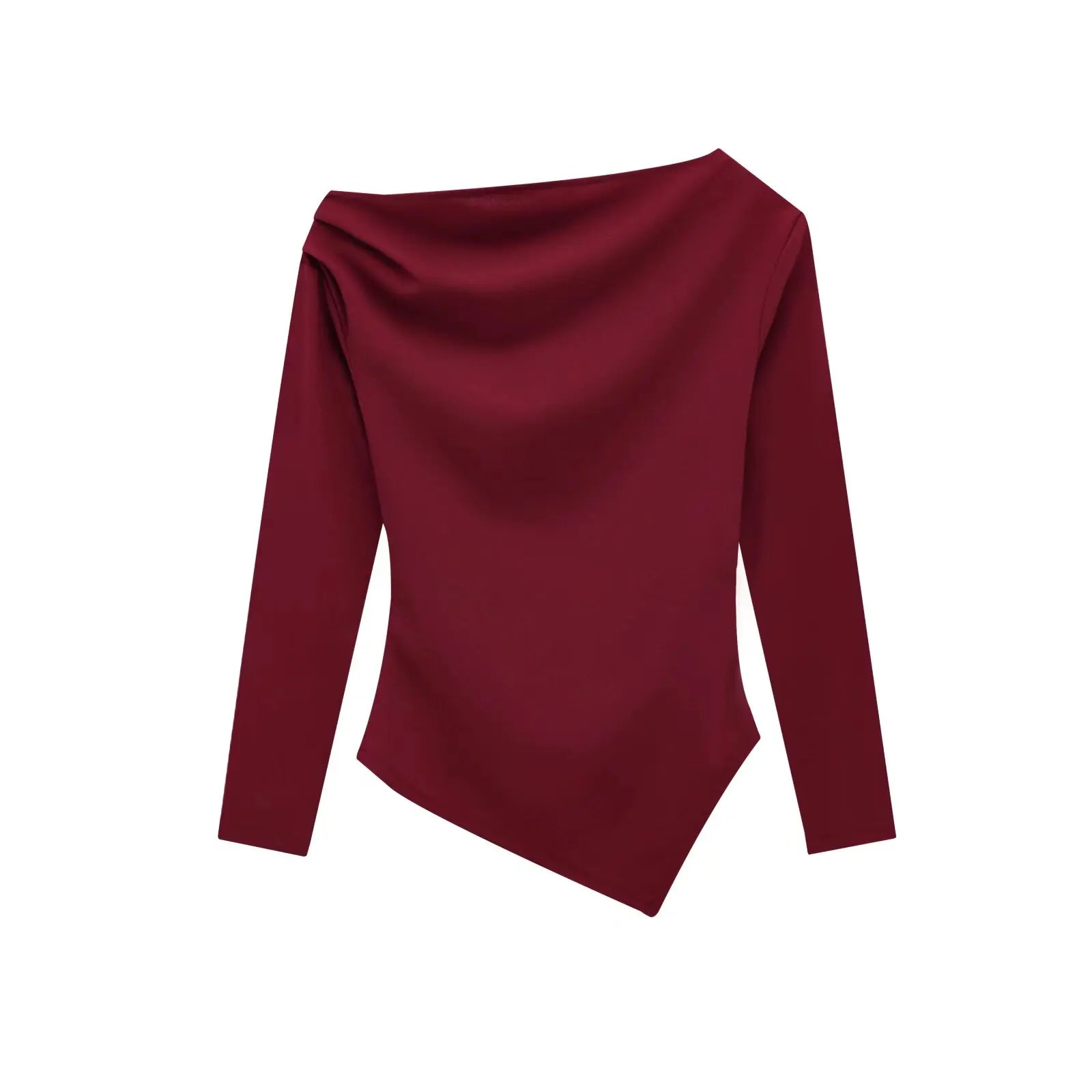 HH Spring Woman Fashion Pleated Decoration Casual Slim Elasticity Top Women Solid 5-Color Asymmetrical Slant Collar Tops.