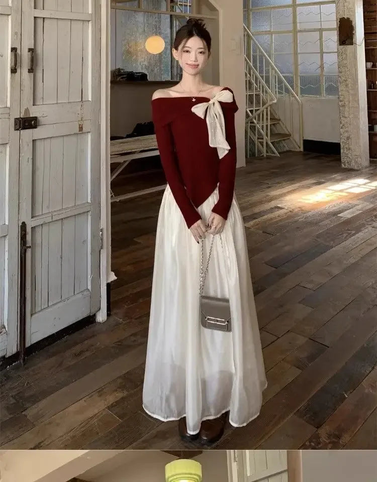 Red One-Shoulder Long-Sleeve Knitted Sweater Women's Spring New Year Slim Fit Short Top Butterfly Knot Decorated Cotton T-shirt.