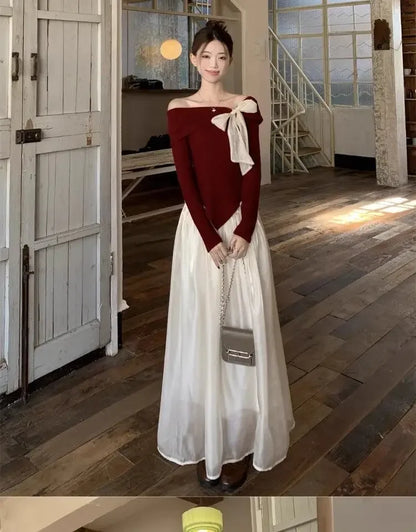 Red One-Shoulder Long-Sleeve Knitted Sweater Women's Spring New Year Slim Fit Short Top Butterfly Knot Decorated Cotton T-shirt.