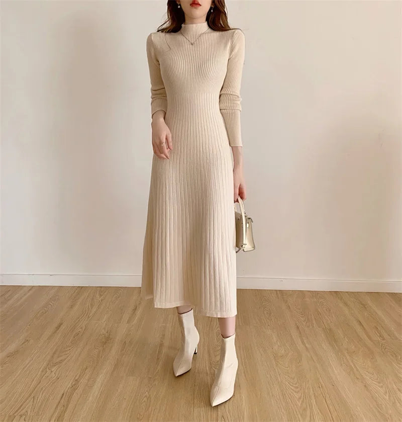 Herbst Winter schlankes Langarm Party Midi Kleid für Frauen gestrickt halbhohen Kragen elegante Strick pullover Kleider Damen