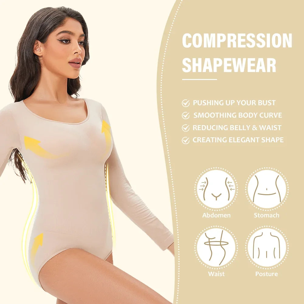 POKARLA Spandex Elastic Body Suit Shapewear Women Body Shaper Tummy Control Long Sleeve Open Crotch Round Neck Seamless Shapers.