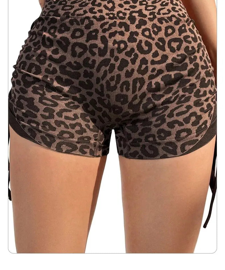 Women High Waist Yoga Shorts Side Drawstring Sexy Leopard Print Sports Shorts Gym Athletic Running Leggings Workout Shorts.