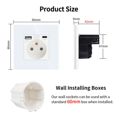 Frankreich Standard Doppelsteckdosen Französische Typ-C-Steckdosen 110-250 V Glasscheibe USB-Ladeanschluss Elektrischer Stecker Heimwerker.