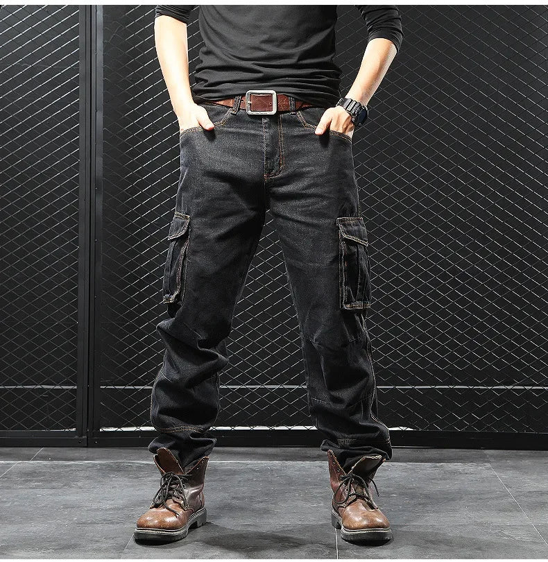 Men's Autumn/Winter Multi-Pocket Straight-Leg Cargo Pants Loose Fit Plus Size Plus Beefy Jeans Casual Comfortable Denim Trousers.