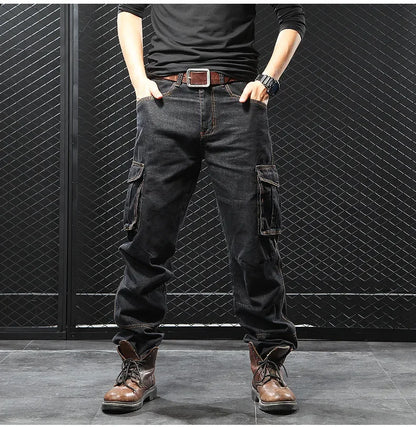 Men's Autumn/Winter Multi-Pocket Straight-Leg Cargo Pants Loose Fit Plus Size Plus Beefy Jeans Casual Comfortable Denim Trousers.