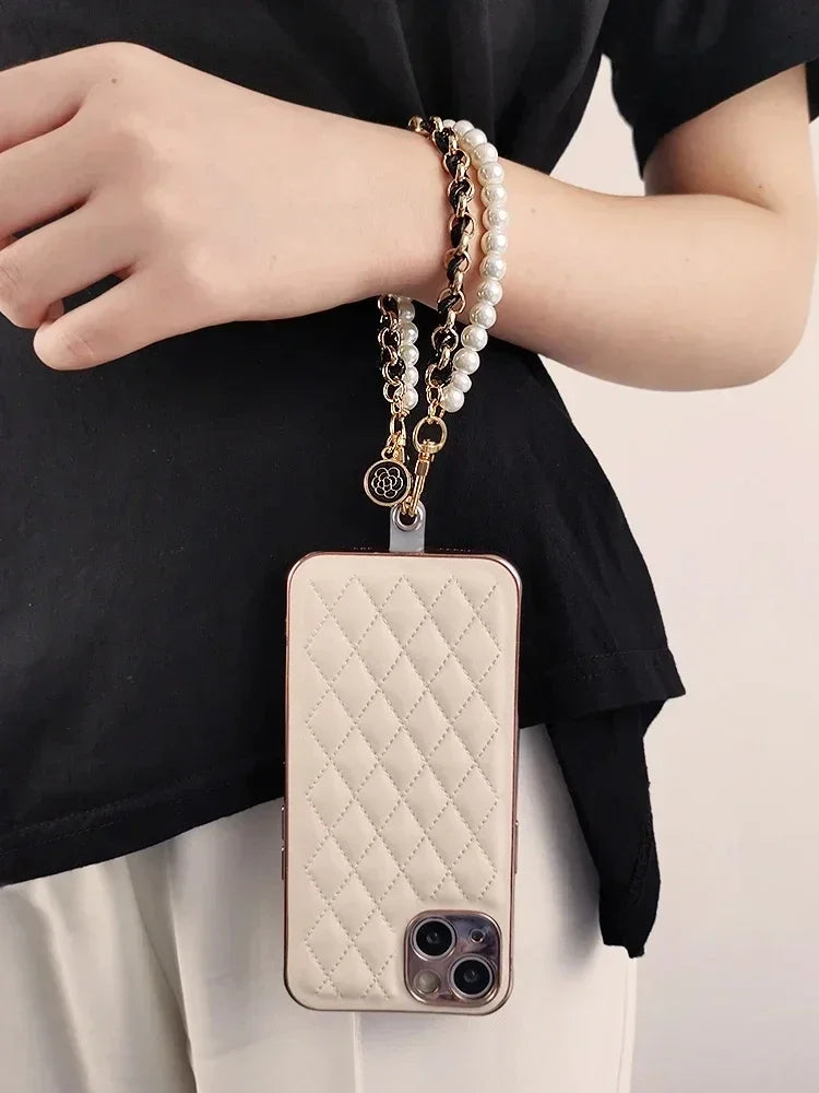 26cm Leather Pearl Camellia Mobile Phone Charm Bracelet Chain Anti-lost Universal Cell Phone Strap Rope Pendant Metal Key Chain.