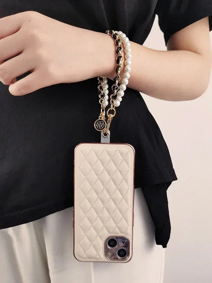 26cm Leather Pearl Camellia Mobile Phone Charm Bracelet Chain Anti-lost Universal Cell Phone Strap Rope Pendant Metal Key Chain.