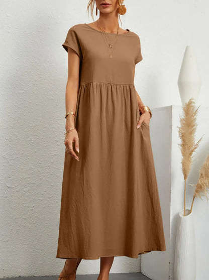 Vintage Solide Midi Kleid Casual Kurzarm Baumwolle und Leinen Harajuku Übergroßen Langes Kleid Frauen Sommer Y2K Maxi Sommerkleid 2023.
