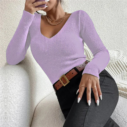 2026 herbst Winter Frauen Solide Rippen Stricken V-ausschnitt Streifen Pull Pullover Femme Y2k Langarm Pullover Jersey Tops Mode Kleidung.
